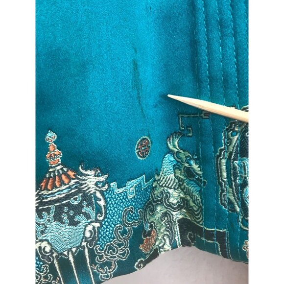 VTG 50's Golden Lotus at Waikiki Satin Embroidered Jacket Pockets Teal Boho Sz L - Picture 6 of 11